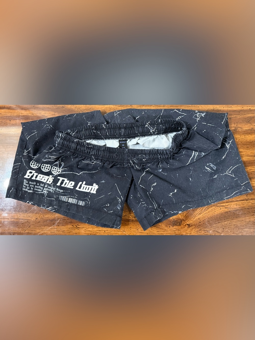 ROMWE Black Marble-Print men’s Elastic-Waist swim shorts